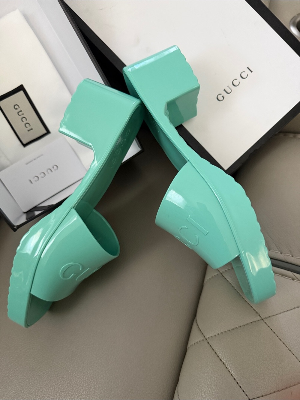 Gucci Patent Mint Green Slide Mules - Picture 5 of 16